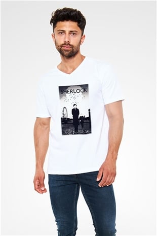 Sherlock Beyaz Unisex V Yaka Tişört T-Shirt