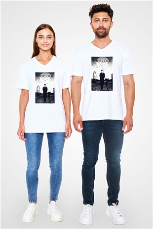 Sherlock Beyaz Unisex V Yaka Tişört T-Shirt