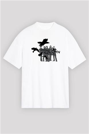 Shinedown Baskılı Beyaz Unisex Oversize Tişört - Tshirt