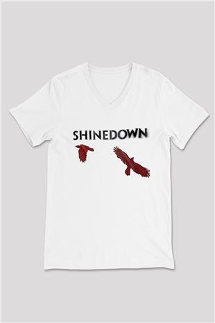 Shinedown Baskılı Beyaz Unisex V Yaka Tişört - Tshirt