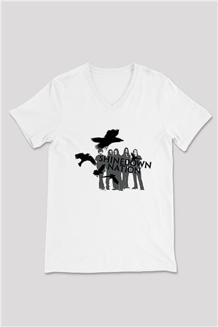 Shinedown Baskılı Beyaz Unisex V Yaka Tişört - Tshirt