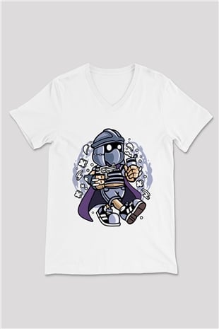 Shredder Bastard Baskılı Beyaz Unisex V Yaka Tişört