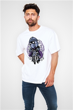 Shredder Biker Baskılı Beyaz Unisex Oversize Tişört