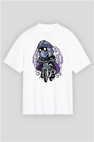 Shredder Biker Baskılı Beyaz Unisex Oversize Tişört