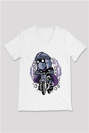 Shredder Biker Baskılı Beyaz Unisex V Yaka Tişört