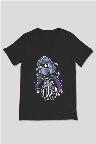 Shredder Biker Baskılı Siyah Unisex V Yaka Tişört
