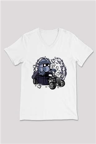 Shredder Hotrod Baskılı Beyaz Unisex V Yaka Tişört