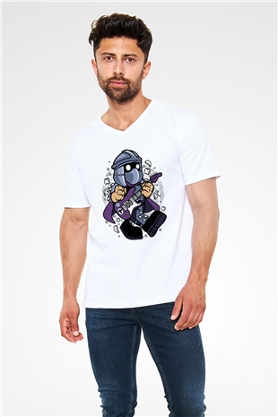 Shredder Rocker Baskılı Beyaz Unisex V Yaka Tişört