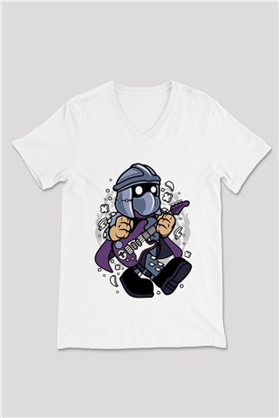 Shredder Rocker Baskılı Beyaz Unisex V Yaka Tişört