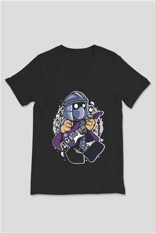 Shredder Rocker Baskılı Siyah Unisex V Yaka Tişört