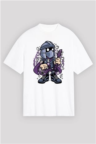 Shredder Rockstar Baskılı Beyaz Unisex Oversize Tişört