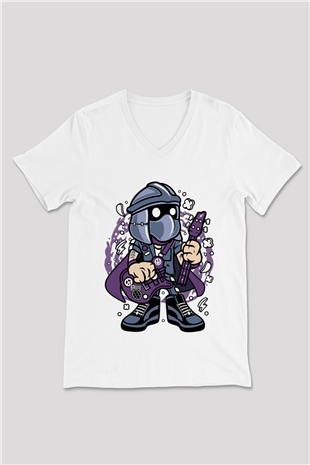Shredder Rockstar Baskılı Beyaz Unisex V Yaka Tişört