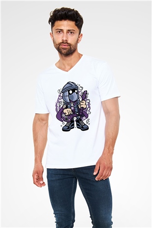 Shredder Rockstar Baskılı Beyaz Unisex V Yaka Tişört
