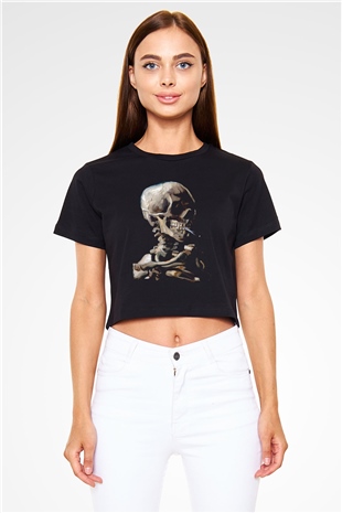 Sigara İçen İskelet Baskılı  Siyah  Crop Top Tişört