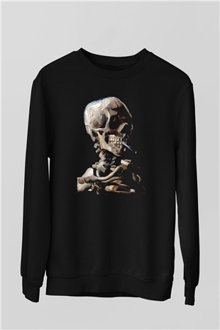 Sigara İçen İskelet Baskılı Unisex Siyah  Sweatshirt