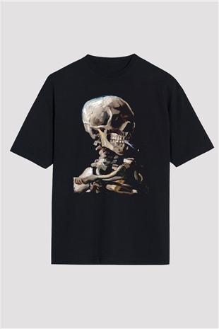 Sigara İçen İskelet Baskılı Oversize Siyah Tişört