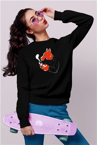 Sigara İçen Tilki Baskılı Unisex Siyah  Sweatshirt