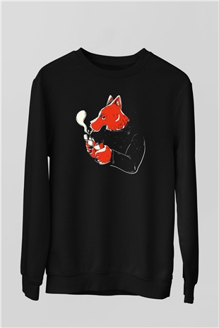 Sigara İçen Tilki Baskılı Unisex Siyah  Sweatshirt