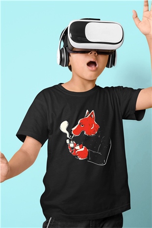 Sigara İçen Tilki Baskılı Unisex Siyah  Çocuk Tişört