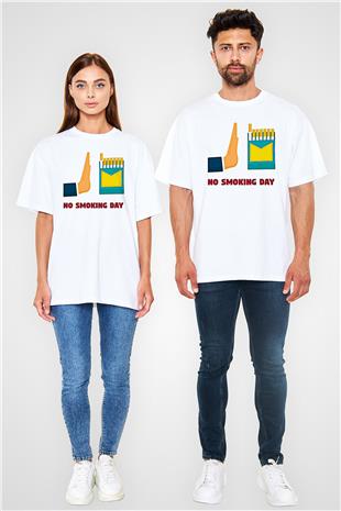 Sigarayı Bırakma Günü Baskılı Beyaz Unisex Oversize Tişört - Tshirt