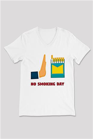 Sigarayı Bırakma Günü Baskılı Beyaz Unisex V Yaka Tişört - Tshirt