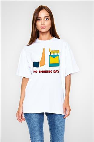 Sigarayı Bırakma Günü Baskılı Beyaz Unisex Oversize Tişört - Tshirt