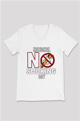 Sigarayı Bırakma Günü Baskılı Beyaz Unisex V Yaka Tişört - Tshirt