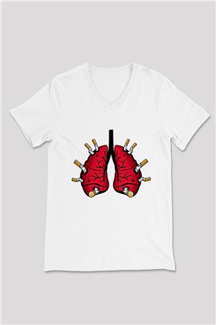 Sigarayı Bırakma Günü Baskılı Beyaz Unisex V Yaka Tişört - Tshirt