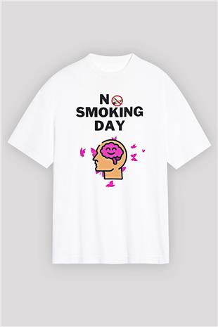Sigarayı Bırakma Günü Baskılı Beyaz Unisex Oversize Tişört - Tshirt