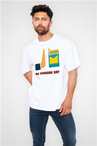 Sigarayı Bırakma Günü Baskılı Beyaz Unisex Oversize Tişört - Tshirt
