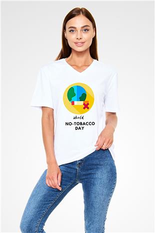Sigarayı Bırakma Günü Baskılı Beyaz Unisex V Yaka Tişört - Tshirt