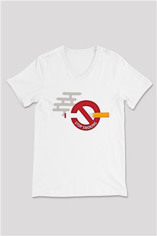 Sigarayı Bırakma Günü Baskılı Beyaz Unisex V Yaka Tişört - Tshirt