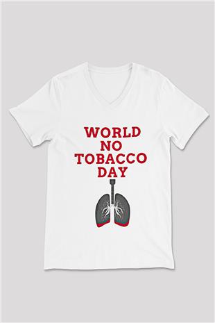 Sigarayı Bırakma Günü Baskılı Beyaz Unisex V Yaka Tişört - Tshirt