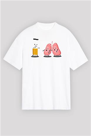 Sigarayı Bırakma Günü Baskılı Beyaz Unisex Oversize Tişört - Tshirt
