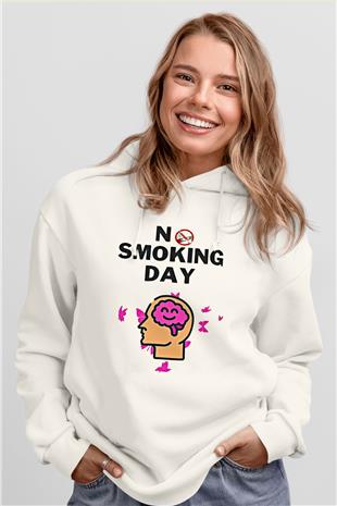 Sigarayı Bırakma Günü Baskılı Beyaz Unisex Kapüşonlu Sweatshirt