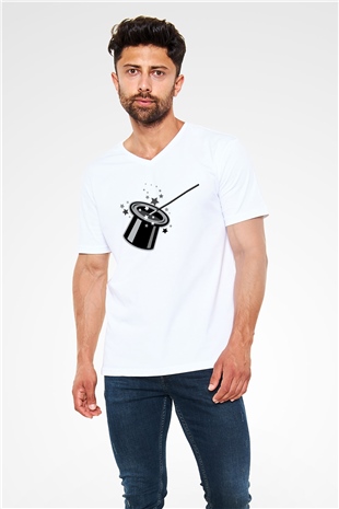 Sihirbaz Beyaz Unisex V Yaka Tişört T-Shirt