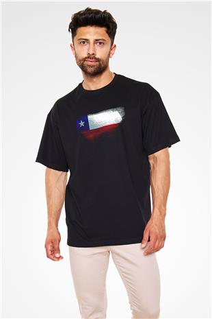 Şili - Chile Bayrağı Baskılı Unisex Siyah Oversize Tişört