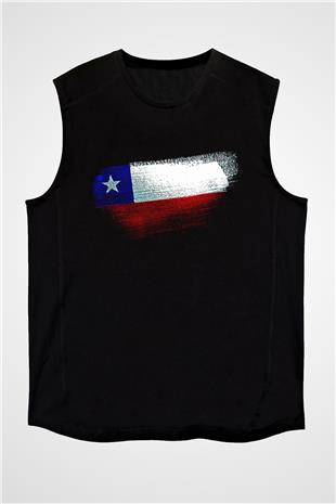 Şili - Chile Bayrağı Baskılı Unisex Siyah Kolsuz Tişört