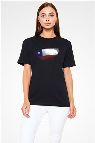 Şili - Chile Bayrağı Baskılı Unisex Siyah Tişört