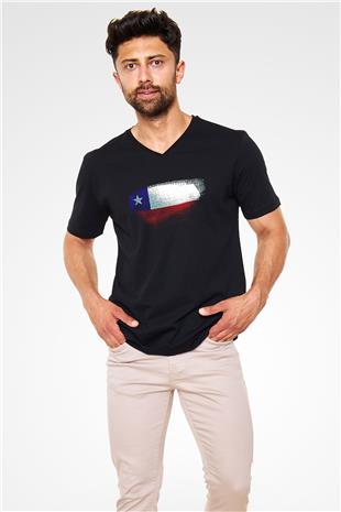 Şili - Chile Bayrağı Baskılı Unisex Siyah V Yaka Tişört