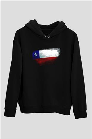 Şili - Chile Bayrağı Baskılı Unisex Siyah Kapüşonlu Sweatshirt
