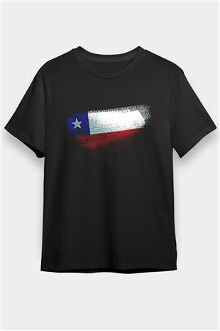 Şili - Chile Bayrağı Baskılı Unisex Siyah Tişört