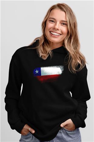Şili - Chile Bayrağı Baskılı Unisex Siyah Kapüşonlu Sweatshirt