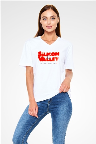 Silicon Valley Beyaz Unisex V Yaka Tişört
