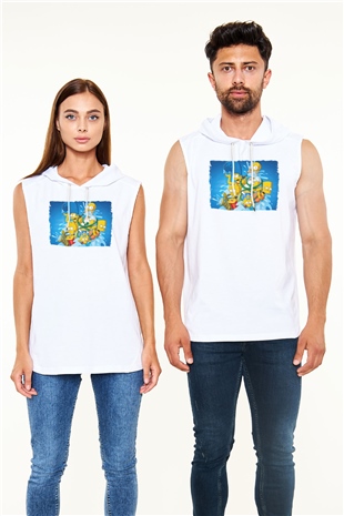 Simpsons Beyaz Unisex Kapşonlu Kolsuz T-Shirt