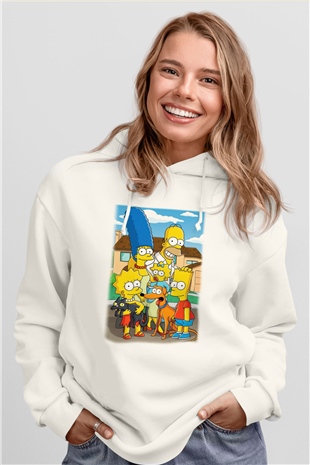 Simpsons Beyaz Unisex Kapşonlu Sweatshirt