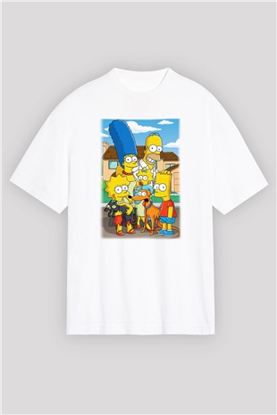 Simpsons Beyaz Unisex Oversize Tişört T-Shirt