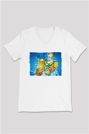 Simpsons Beyaz Unisex V Yaka Tişört