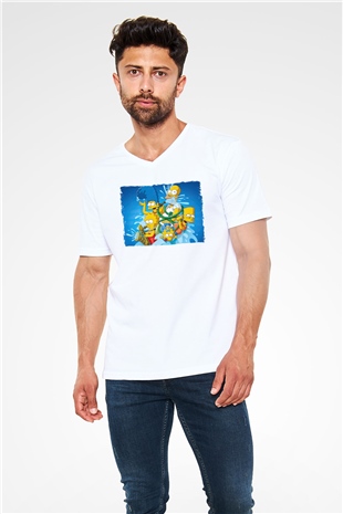 Simpsons Beyaz Unisex V Yaka Tişört