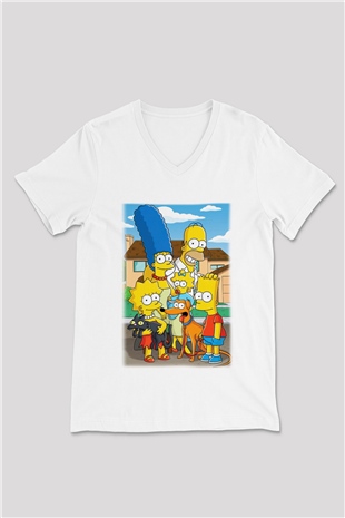 Simpsons Beyaz Unisex V Yaka Tişört T-Shirt